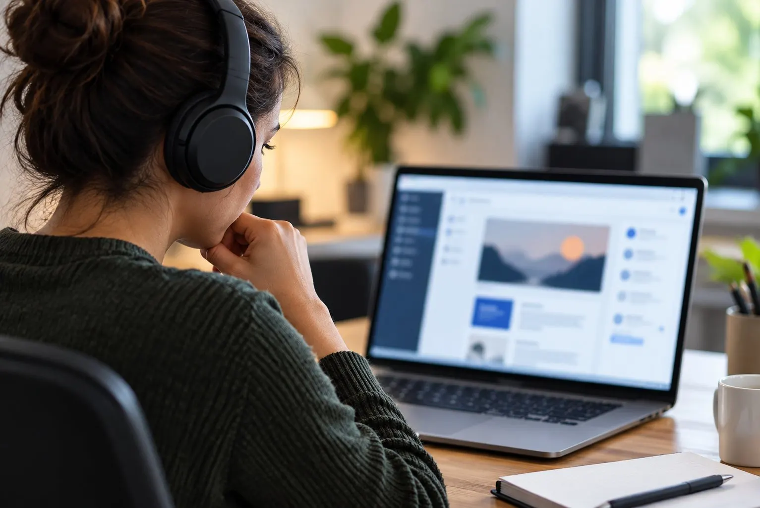 Utilisatrice avec un casque audio parcourant un site web sur son ordinateur avec un lecteur d'écran