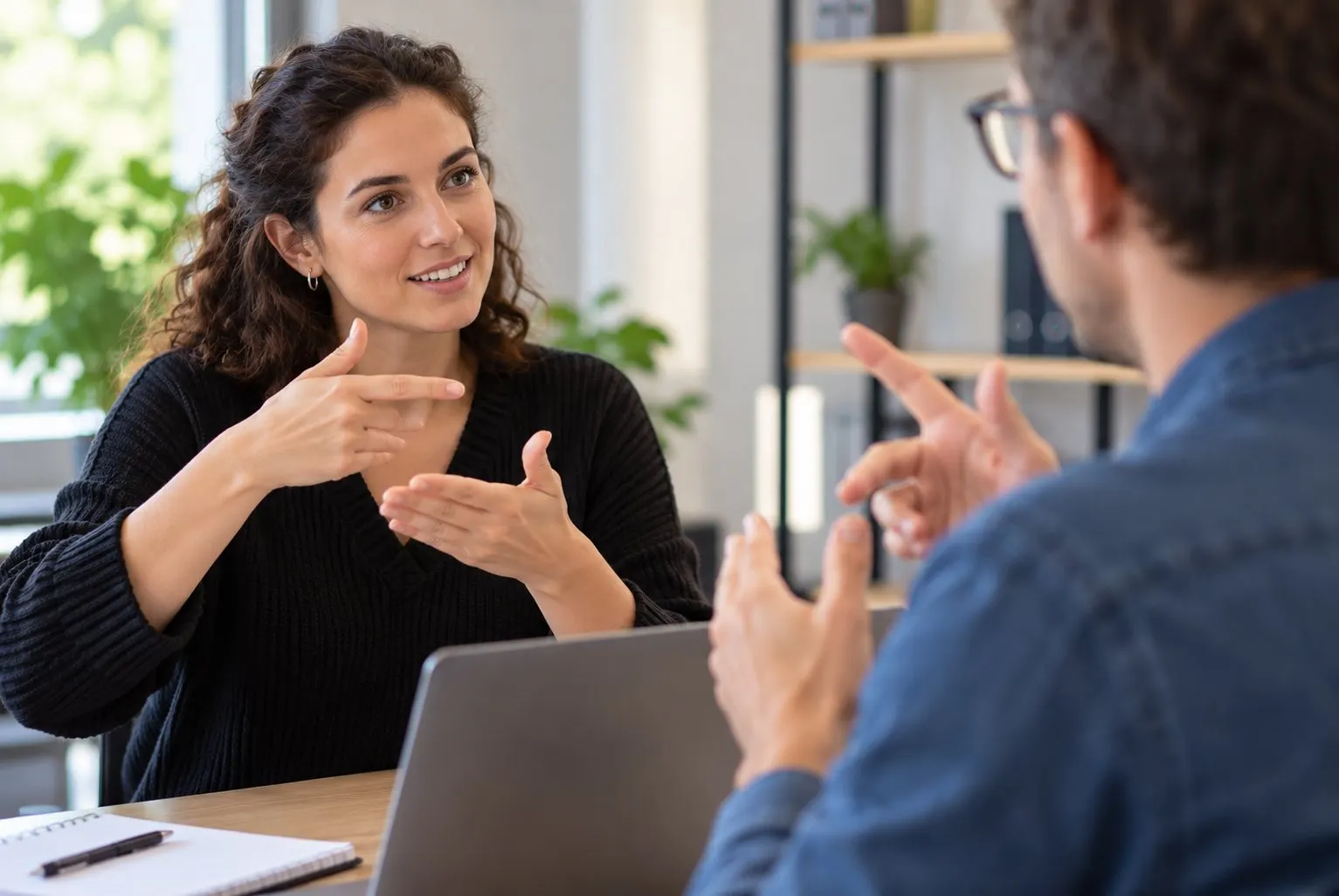 Échange professionnel en langue des signes française entre deux collègues devant un ordinateur portable