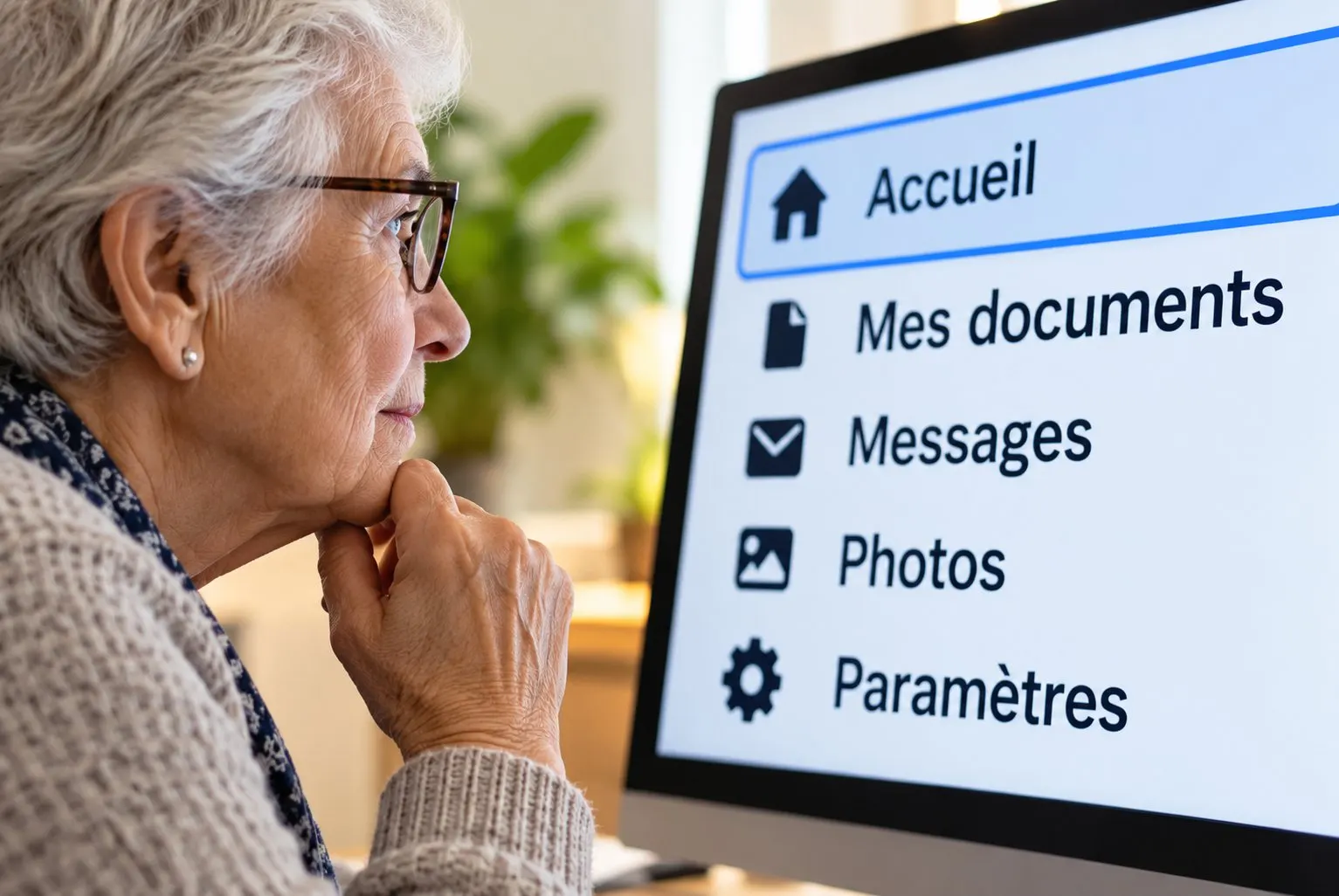 Personne âgée devant un écran dont le menu est affiché en très grand : Accueil, Mes documents, Messages, Photos, Paramètres